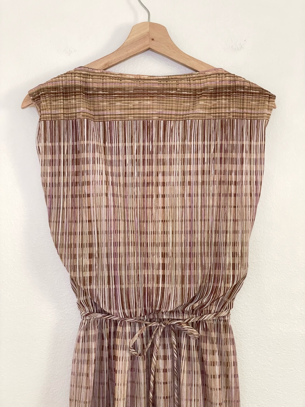 Vintage 70s Sue Brett Neutral Stripe Midi Dress Bateau Neck Cap Sleeve 7/8 Small - Picture 7 of 15
